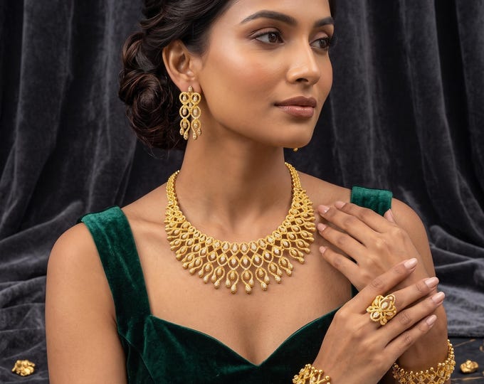 Gold-Plated Bridal Jewelry Set, Necklace Earrings Bracelet Ring, Traditional Wedding Gift