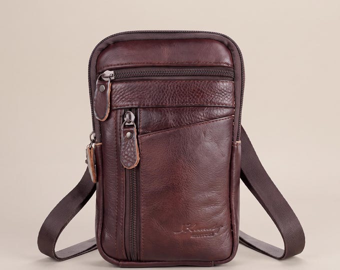 Men's Genuine Leather Vertical Waist Bag, Anti-Theft Travel Satchel