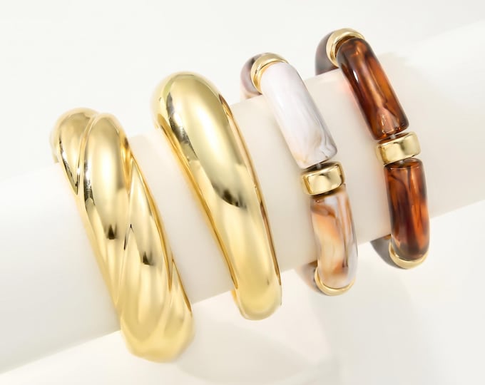 Chunky Geometric Bangle Set, Wide Metal Acrylic Cuff Bracelets, Minimalist Punk Stackable Jewelry