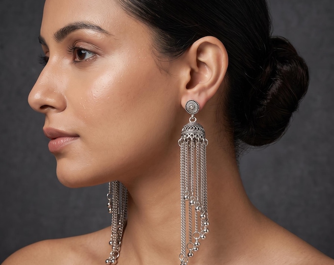 Vintage Silver Jhumka Tassel Earrings, Bohemian Bell Drop Ethnic Jewelry