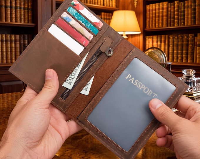 Genuine Leather Passport Holder, RFID Travel Wallet Organizer, Card Slots Zipper Coin Pocket