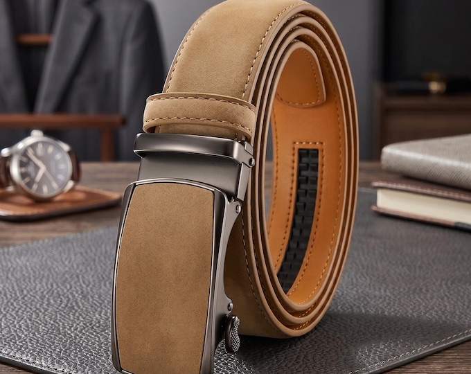 Genuine Leather Automatic Belt, Adjustable Ratchet Buckle, Business Dress Waist Belt