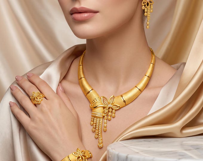 Gold Plated Bridal Jewelry Set, Necklace and Earrings, Indian Inspired Party Gift