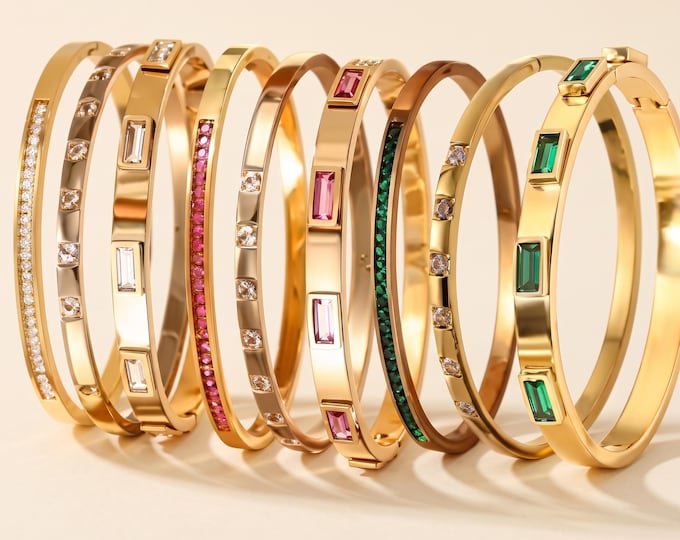 Gold Stainless Steel Stacking Bracelets, Green Pink CZ Cuff Bangles, Tarnish Resistant Jewelry