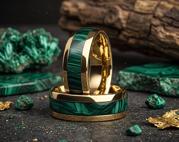 Men's Green Malachite Inlay Ring, 8MM Gold Stainless Steel Wedding Band