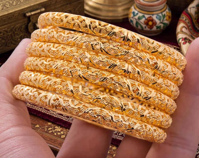24K Gold Color Dubai Indian Bridal Bangles, 6PC Set, Traditional Wedding Bracelets