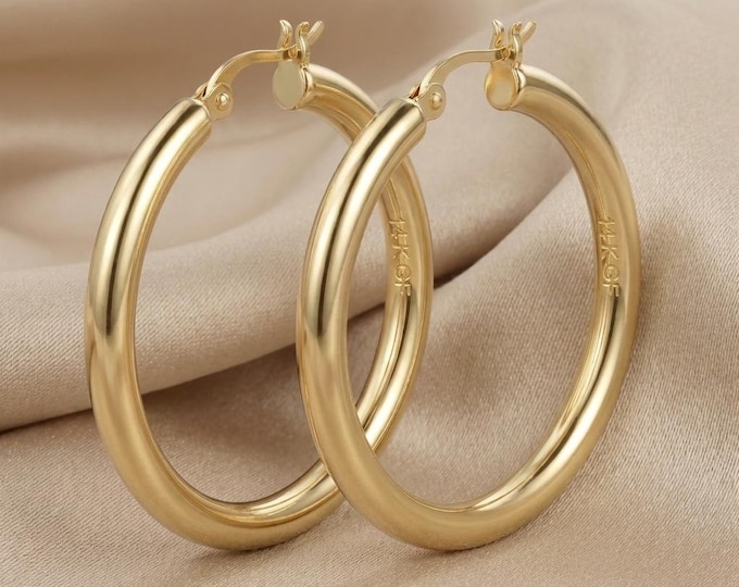 14K Gold Plated Chunky Hoop Earrings, Lightweight Hypoallergenic Classic Gold Hoops