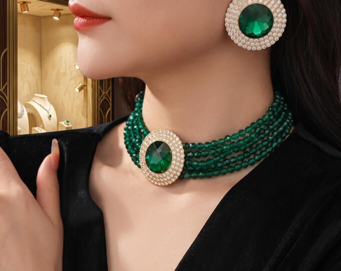 Green Rhinestone Jewelry Set, Emerald Necklace Earrings, Collarbone Chain, Wedding Party