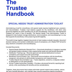 Puede incluir: Documento blanco titulado "The Trustee Handbook" con texto azul. El documento es un kit de herramientas para la administración de fideicomisos para necesidades especiales. Incluye formularios y registros.