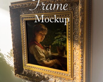 Closeup Square Frame Mockup, Baroque Angled Frame Display, Vintage Minimalist Wall Art Template, 1:1 Ratio (PSD Smart Object)
