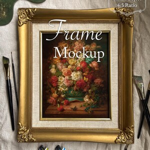 Utsmyckad guldramsmålning mockup, antik platt lay, konststudioscen, barockram, vertikal mall 8x10, 4:5-förhållande (PSD Smart Object)