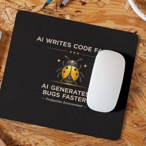 Op de afbeelding: Zwart rechthoekig muismat met de tekst "AI WRITES CODE FASTER" en "AI GENERATES BUGS FASTER" en een cartoon lieveheersbeestje. Een witte computermuis ligt op de pad. Een toetsenbord en koptelefoon zijn ook zichtbaar.
