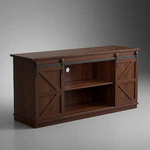 May include: A dark brown wooden media console featuring two sliding barn-style doors with X-shaped detailing. The unit includes a central open storage area with a shelf and a circular cable management hole on the back panel.
