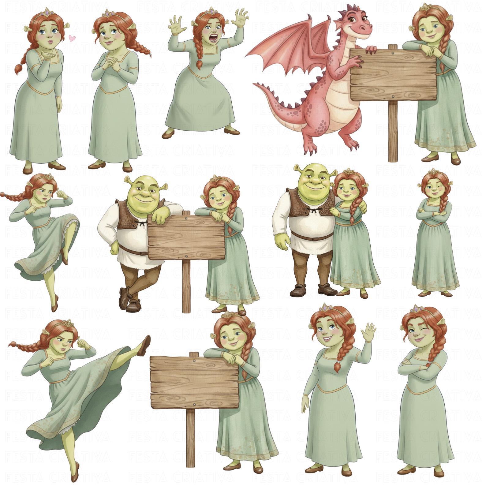 Shrek and Fiona Watercolor Clipart Pack • Shrek, Princess Fiona, Donkey ...