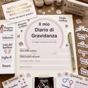 Peut inclure: Un journal de grossesse avec des autocollants, un stylo et des chaussons pour bébé. Le journal contient des sections pour les visites médicales, les coups de pied de bébé et les images d'échographie. Le texte comprend "Il mio Diario di Gravidanza".