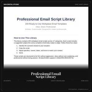 May include: A digital product titled "Professional Email Script Library" with the text "200 Ready-to-Use Workplace Email Templates." The product is designed for modern professionals and includes scripts across 17 categories. Instructions on how to use the library are also included.