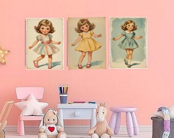 Vintage Nursery Wall Art Set of 3, Girls Room Decor, Printable Nursery Prints, Shabby Chic Kids Wall Art, Instant Download