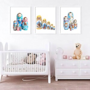 Matryoshka Nursery Wall Art Set of 3 Prints, Baby Girl Room Decor, Russian Doll Printable, Kids Room Art, Instant Download