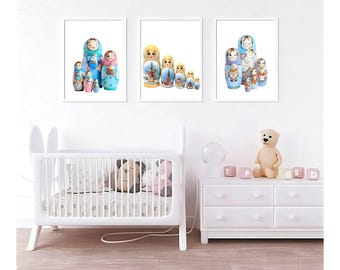 Matryoshka Nursery Wall Art Set of 3 Prints, Baby Girl Room Decor, Russian Doll Printable, Kids Room Art, Instant Download