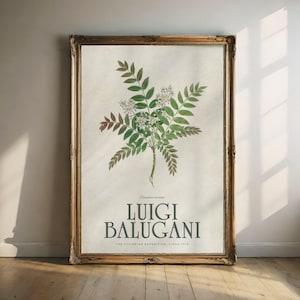 Könnte beinhalten: Gerahmter botanischer Druck einer Pflanze mit grünen Blättern und weißen Blüten, in einem goldfarbenen, verzierten Rahmen. Der Druck enthält den Namen "Luigi Balugani" und den Text "The Ethiopian Expedition, Circa 1776". Das Kunstwerk hängt an einer hellen Wand.