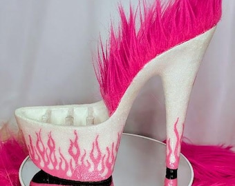 Upcycled Pleaser Shoe Makeup Brush Holder: Iridescent Glitter Hot Pink Flames (6.5 inch Heel)