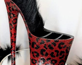 Upcycled Pleaser Shoe Makeup Brush Holder: Red Black Glitter Leopard Print (8-inch Heel)