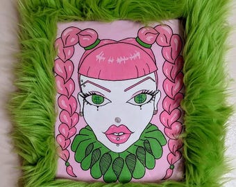 Clown Girl Original Art 8x10 acrylic on Card Stock Framed with Embellishments