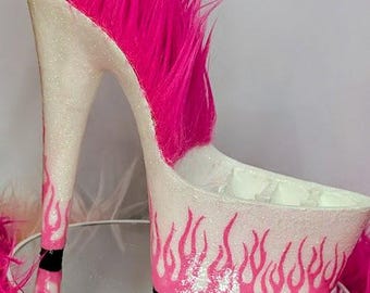 Upcycled Pleaser Shoe Makeup Brush Holder: iridescent white glitter Pink flames (6.5-inch Heel)