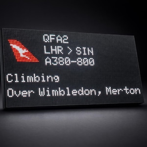 Könnte beinhalten: Ein schwarzes digitales Display zeigt Fluginformationen an. Das Qantas-Logo befindet sich in der oberen linken Ecke. Das Display zeigt: QFA2, LHR > SIN, A380-800, Climbing, Over Wimbledon, Merton.
