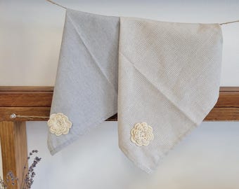 Cotton Cloth Napkins (Set of 2) with Crochet Flower, Cottagecore Kitchen Towels with Loops