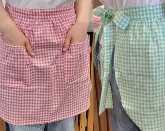 Vintage Gingham Apron with Pockets, Retro Kitchen Aprons, Farmhouse Waist Aprons