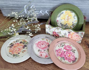 Vintage Rose Wooden Coasters (4 pcs), Rustic Cottage Décor, Shabby Chic Drink Holder