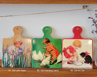 Vintage Ceramic Trivets, Girl with Cat Illustration, Farmhouse Chicken, Cottagecore Kitchen Wall Décor