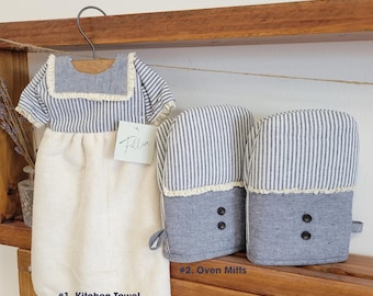 Cottagecore Kitchen Hand Towel and Cotton Oven Mitts Set, Blue Striped Coastal Gifts
