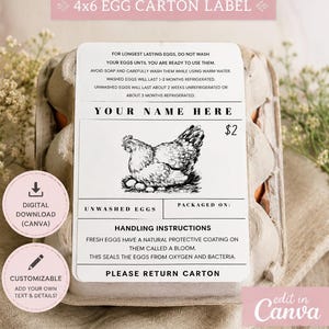 May include: A 4x6 egg carton label with text including "Your Name Here" and "Unwashed Eggs." The label features a detailed illustration of a hen and eggs. Additional text provides handling instructions and storage information.