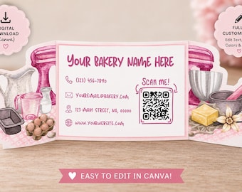 Foldable Bakery Business Card Template | Editable Canva QR Code Branding (Digital Download)