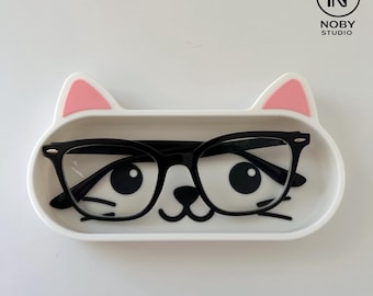White Cat Glasses Holder Tray – Kawaii Desk Organizer Accessory Dock - 3D Printed