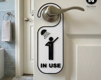 Shower In Use Door Hanger - Bathroom Privacy Sign - Minimalist Occupied Handle Tag