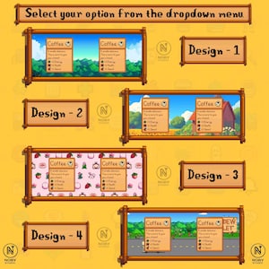 Może przedstawiać: Ż&oacute;łte tło z wieloma oprawionymi obrazami z napisem "Coffee" i r&oacute;żnymi wzorami. Tekst "Select your option from the dropdown menu" znajduje się u g&oacute;ry. Każdy projekt jest oznaczony numerem.