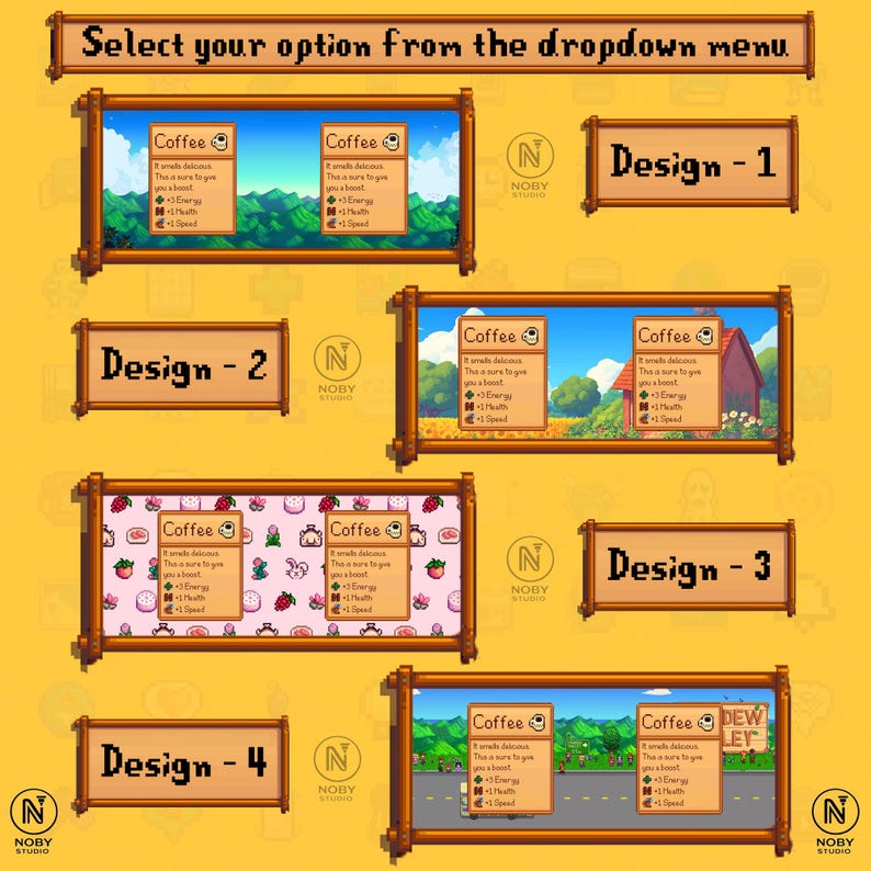 Może przedstawiać: Ż&oacute;łte tło z wieloma oprawionymi obrazami z napisem "Coffee" i r&oacute;żnymi wzorami. Tekst "Select your option from the dropdown menu" znajduje się u g&oacute;ry. Każdy projekt jest oznaczony numerem.