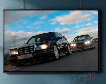 Póster de Mercedes 190 y BMW E30, arte mural del BMW E30, póster de coche, impresión automotriz, regalo de Mercedes, arte mural imprimible, arte de Mercedes BMW