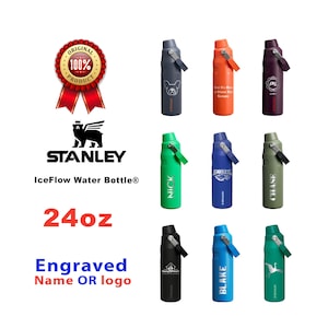 Laser Engraved Stanley 24oz IceFlow Fast Flow Bottle, Personalized Stainless Steel Bottle with integrated cap holder and Lid, Travel & Sport