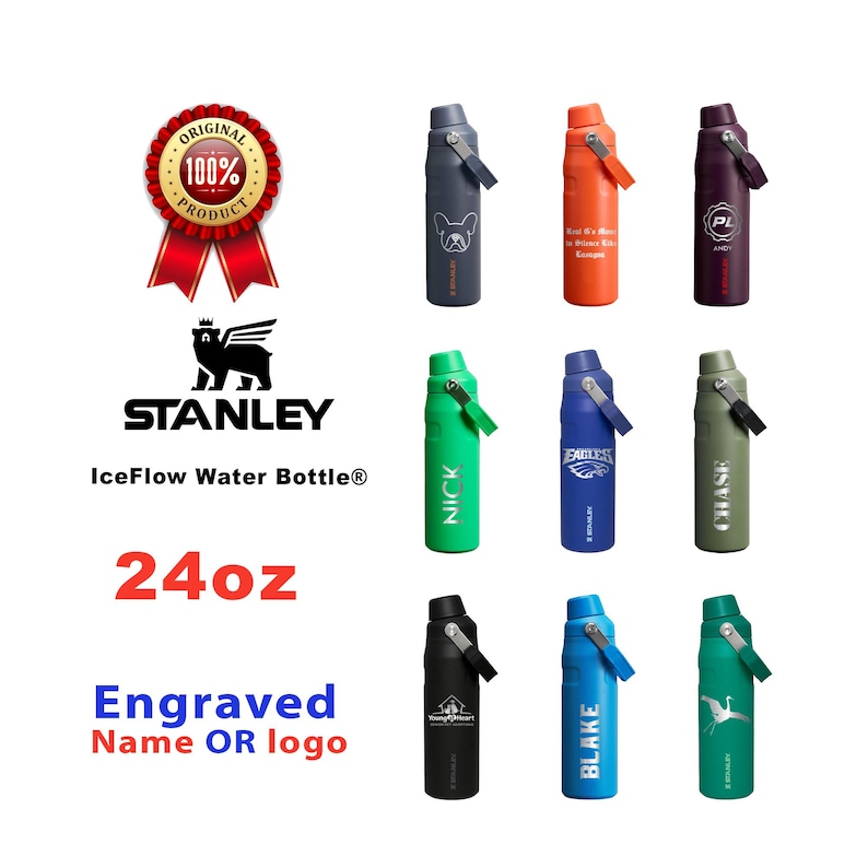 Laser Engraved Stanley 24oz IceFlow Fast Flow Bottle, Personalized Stainless Steel Bottle with integrated cap holder and Lid, Travel & Sport