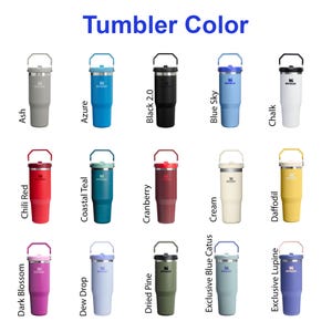 K&ouml;nnte beinhalten: Eine Auswahl an Stanley-Bechern in verschiedenen Farben, darunter Ash, Azure, Black 2.0, Blue Sky, Chalk, Chili Red, Coastal Teal, Cranberry, Cream, Daffodil, Dark Blossom, Dew Drop, Dried Pine, Exclusive Blue Cactus und Exclusive Lupine.