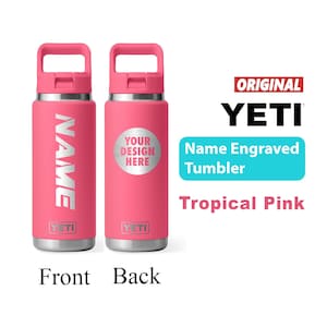 Personalized Yeti Tropical Pink Rambler 2.0 Water Bottle, Laser Engraved Stainless Steel Insulated Bottle with Color-Matching Straw Cap