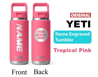 Personalized Yeti Tropical Pink Rambler 2.0 Water Bottle, Laser Engraved Stainless Steel Insulated Bottle with Color-Matching Straw Cap