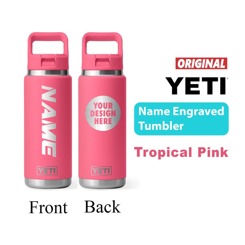 Personalized Yeti Tropical Pink Rambler 2.0 Water Bottle, Laser Engraved Stainless Steel Insulated Bottle with Color-Matching Straw Cap