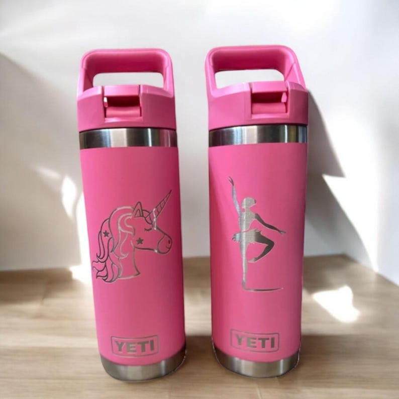 Personalized Yeti Tropical Pink Rambler 2.0 Water Bottle, Laser Engraved Stainless Steel Insulated Bottle with Color-Matching Straw Cap
