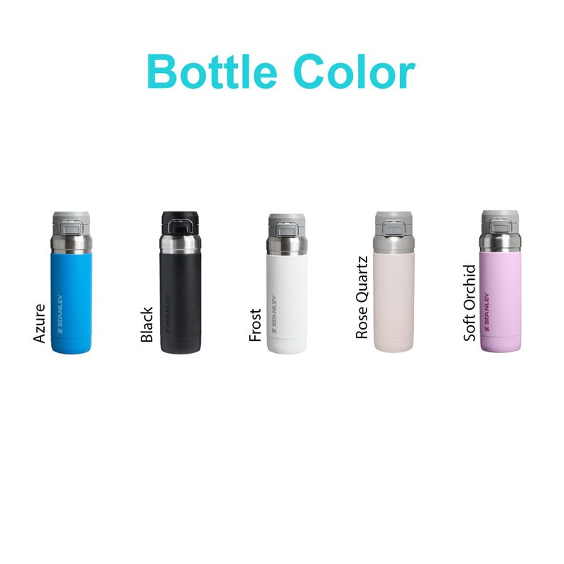 May include: Five insulated water bottles are displayed, each with a silver cap and a coloured body. The colours are Azure, Black, Frost, Rose Quartz, and Soft Orchid. The text "Bottle Color" is above the bottles.