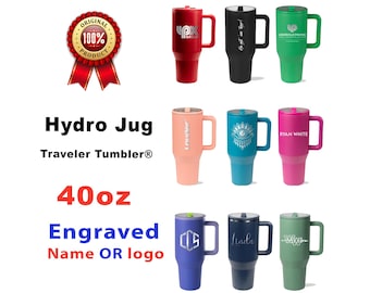 Laser Engraved 40oz HydroJug Traveler Tumbler with Flip Straw & Handle, Personalized Stainless Steel Reusable Insulated, Rubber Base